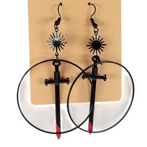 Gothic Sword Hoop Earrings Black Red Blade Sunburst Dangle Cosplay Jewelry 3"